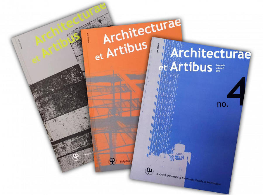 Na białym tle leżą 3 numery czasopisma naukowego Wydziału Architektury