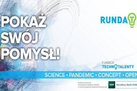 Baner z napisem Pokaż Swój Pomysł Runda T. Konkursu dla młodych przedsiębiorców, startupów i naukowców