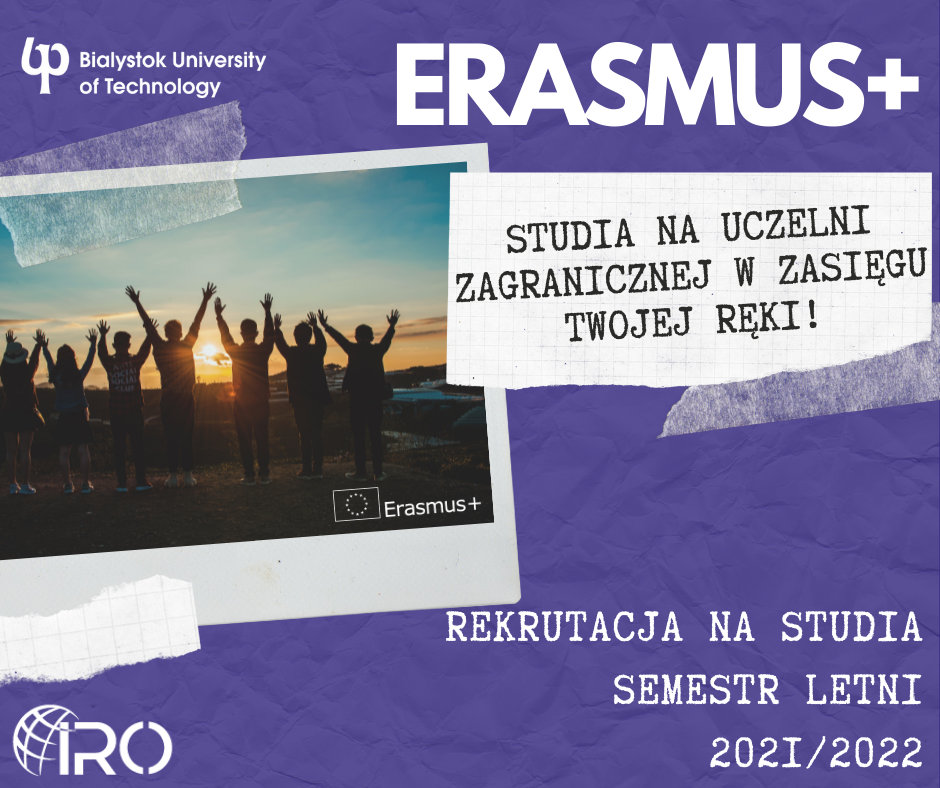 Plakat rekrutacyjny Erasmus+. Napis Studia zagraniczne w zasięgu twojej ręki!