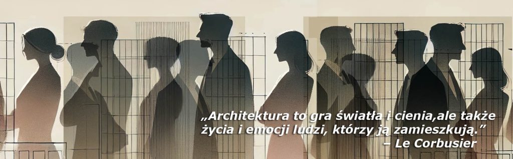 grafika przedstawiająca sylwetki kobiet i mężczyzn na tle zgeometryzowanych elewacji prostych budynków